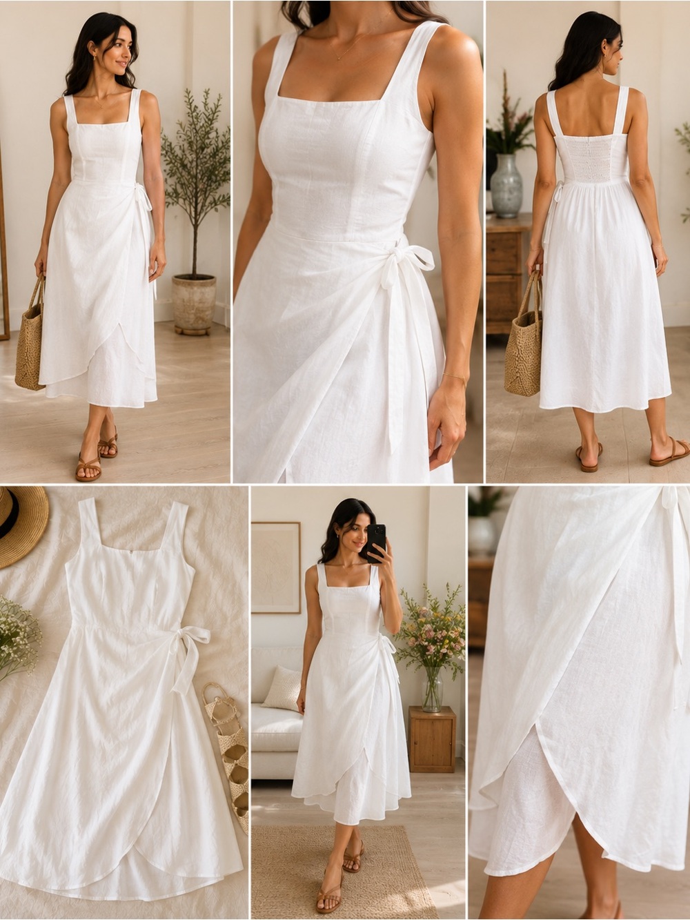 Ardene White Linen Blend Ruched Square Neck Midi Dress | Size L